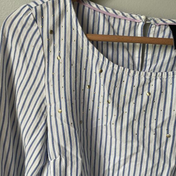 Nanette Lepore Front Tie Gold Embellished Blue White Stripe Blouse Womens Small - Picture 9 of 10
